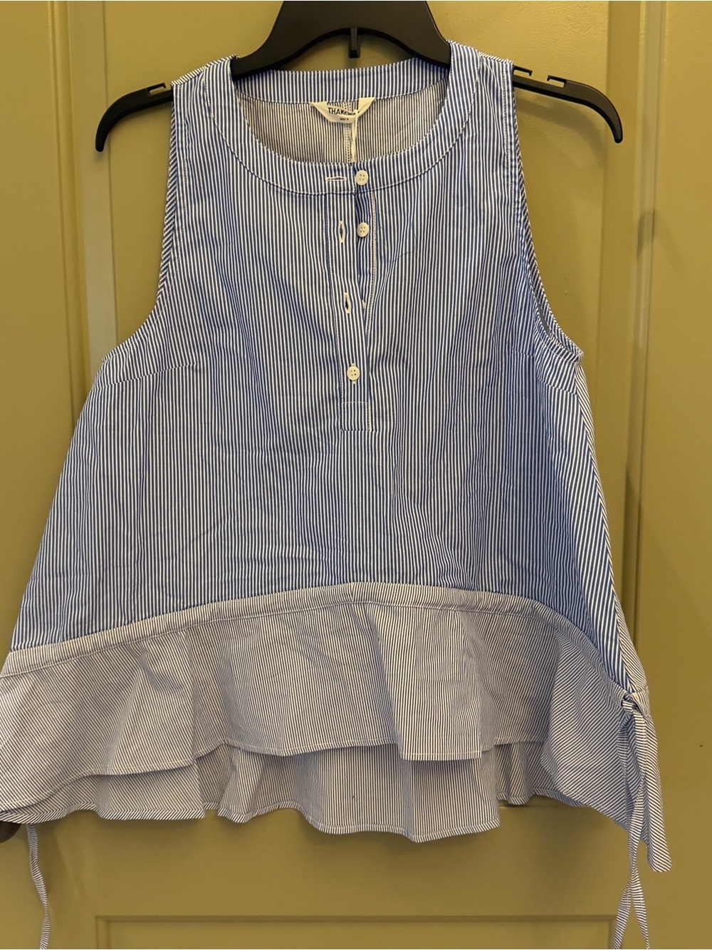 Thakoon Blue and White Striped Sleeveless Ruffle Hem Top